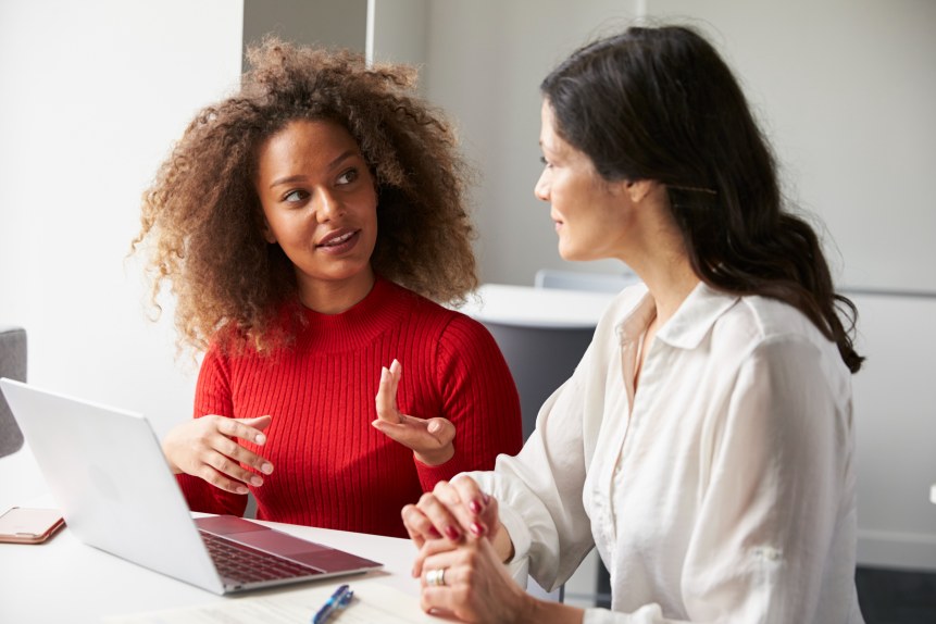 One on One Business Meeting Women Speaking Laptop Office