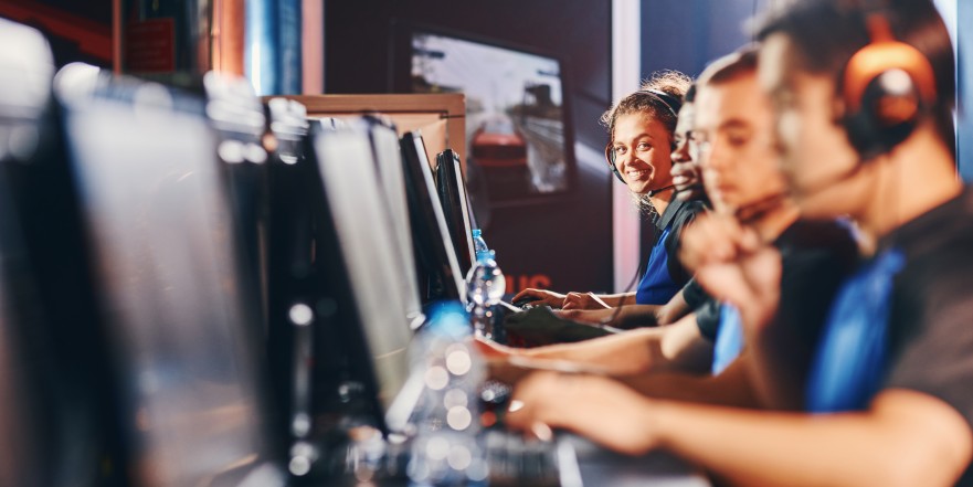 Video Gamers Playing Connecting Happy Computers