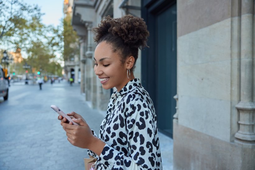 Woman Street Checking Phone Smartphone Messaging Social Media Outdoors Outside