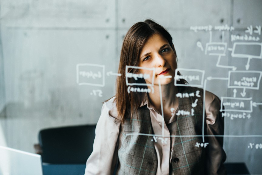 Woman Writing User Experience Flow Transparent Board UX Customer Journey Mapping