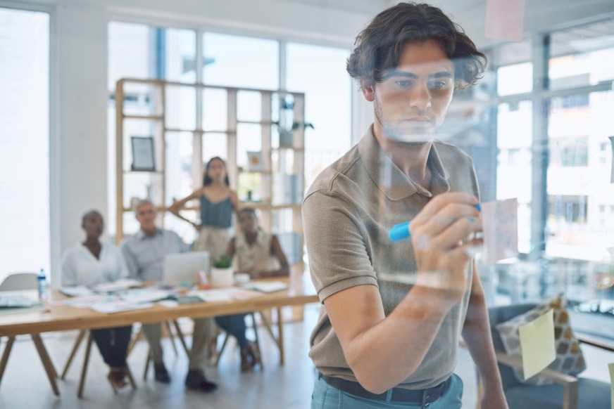 Young Businessman Writing Transparent Screen Board Business Room Team Meeting