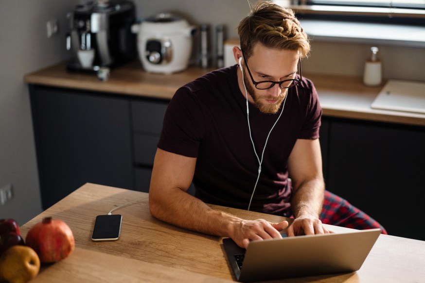 Young Man Remote Work Worker Male Laptop Kitchen