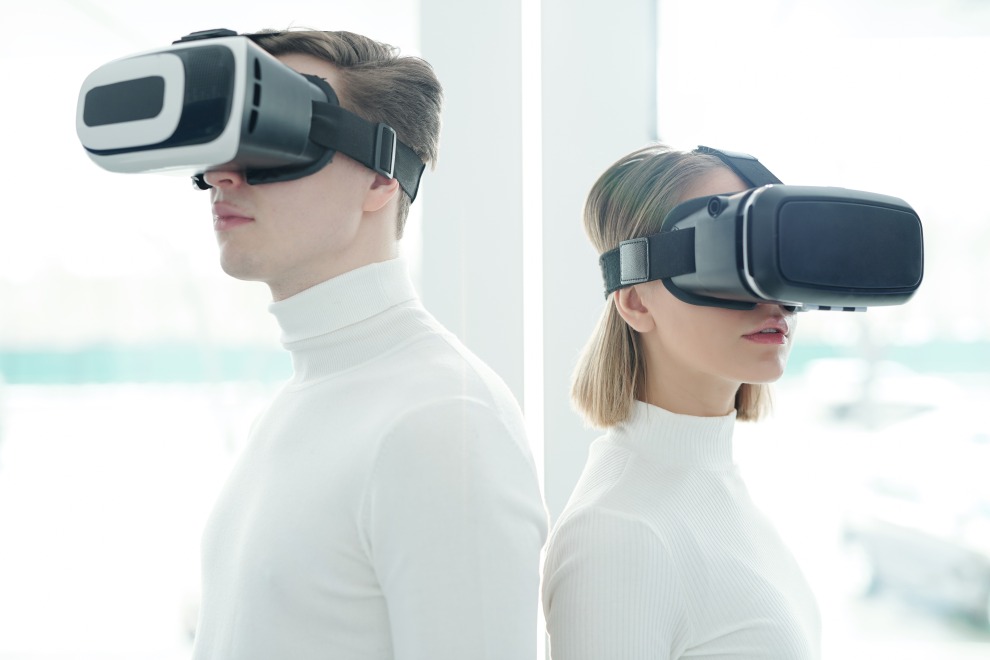 Young People Man Woman White Wearing Virtual Reality Goggles VR Glasses Futuristic