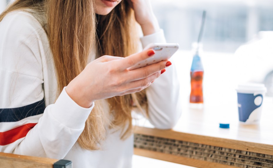 Young Woman Girl Female Using Mobile Device Smartphone Coffee