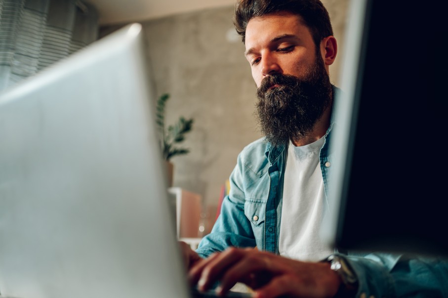 Bearded Man Male Laptop Typing Market Research Business Strategy