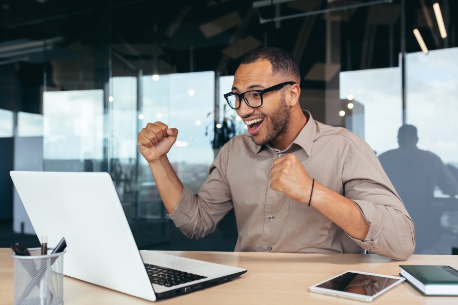 Happy Male Programmer Using Laptop Software Development Success Man