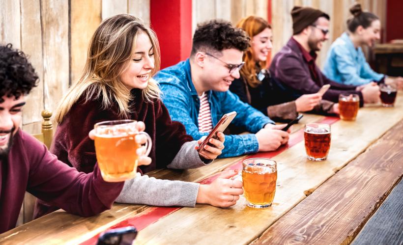 People Bar Counter Taking Pictures Beer Glasses Social Media Marketing