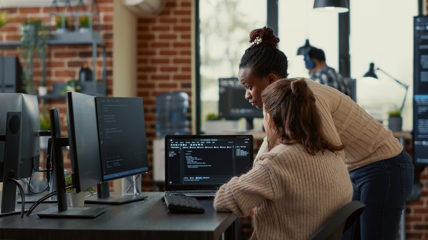 Two Female Programmers Engineers Developers Computers Women Office Big Data Analytics