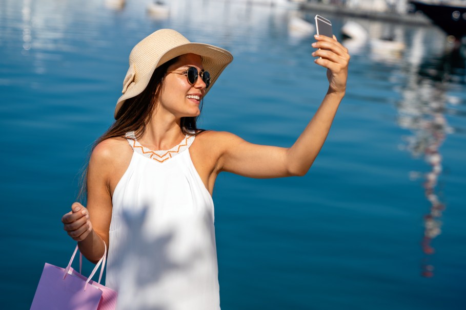 Woman Shopping Smartphone Take Picture Selfie Outside Female Outdoor Persona