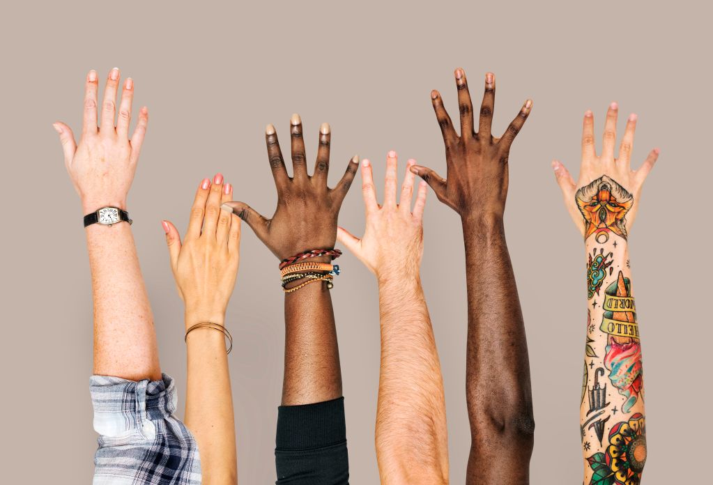 Diverse hands raised as encouraged by a participative leader