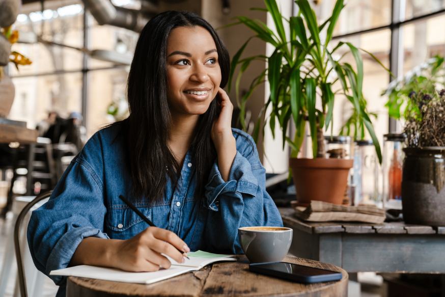 Smiling Happy Woman Writing Book Cafe Coffee Shop Writer Author