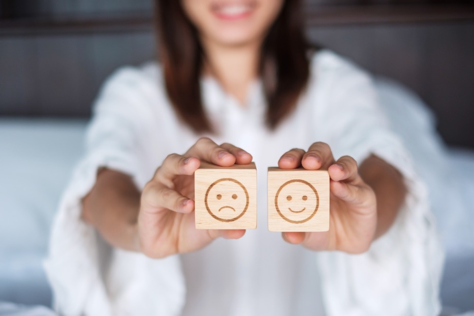 Woman Handling Customer Reviews Holding Happy Angry Faces Cubes Feedback Ratings