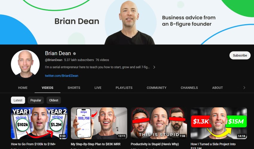 Brian Dean YouTube Video Marketing Channel Example