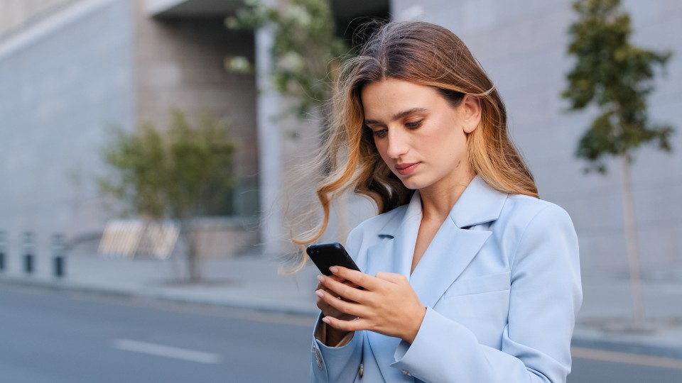 Close Portrait Woman Using Mobile Phone Street Outside City Female Smartphone