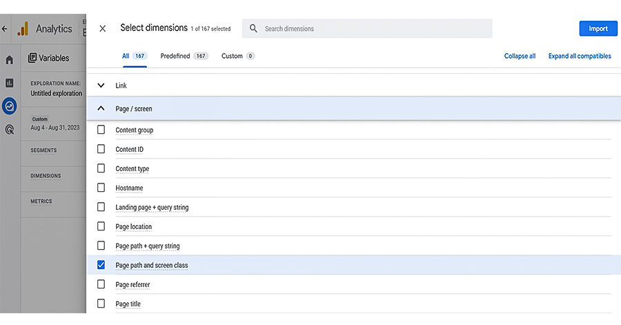 Google Analytics - Select dimensions page