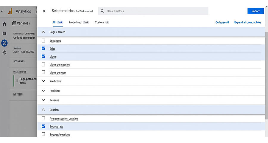 Google Analytics - Select metrics