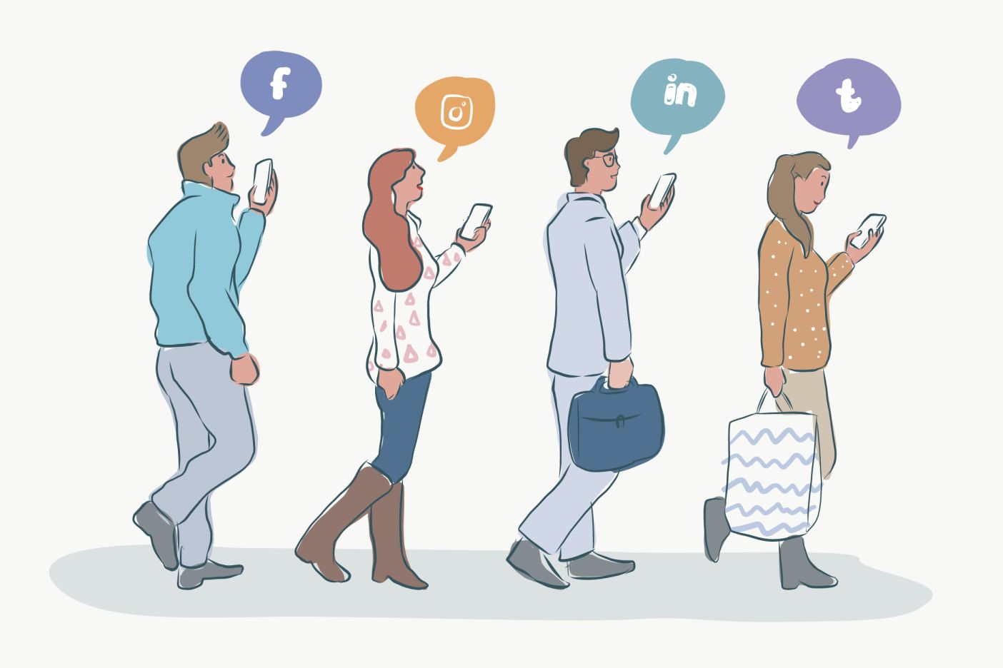 People walking with smartphone connected to different social media platforms