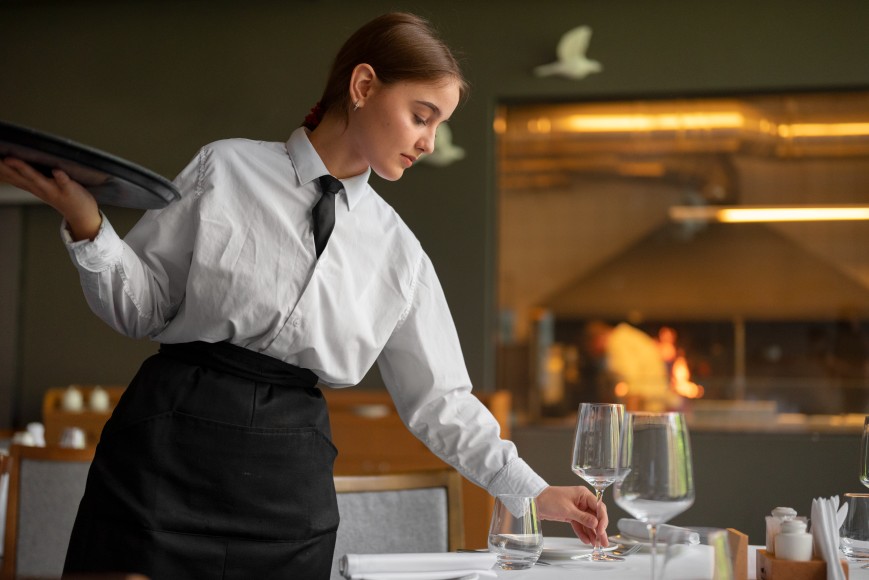 Restaurant Staff Training Female Waiter Food and Beverage Employee Table Wine Glass