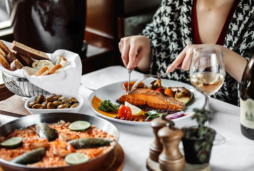 Woman Eating Salmon Top Restaurant Food Female Picture