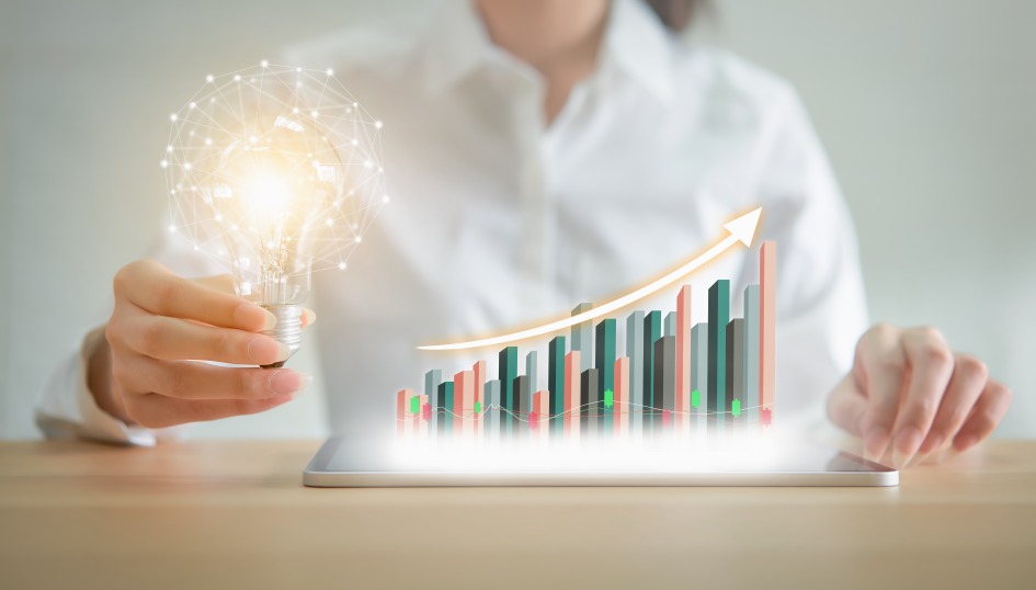 Businesswoman Holding Lightbulb Growth Chart Ideation Innovation Innovate Concept