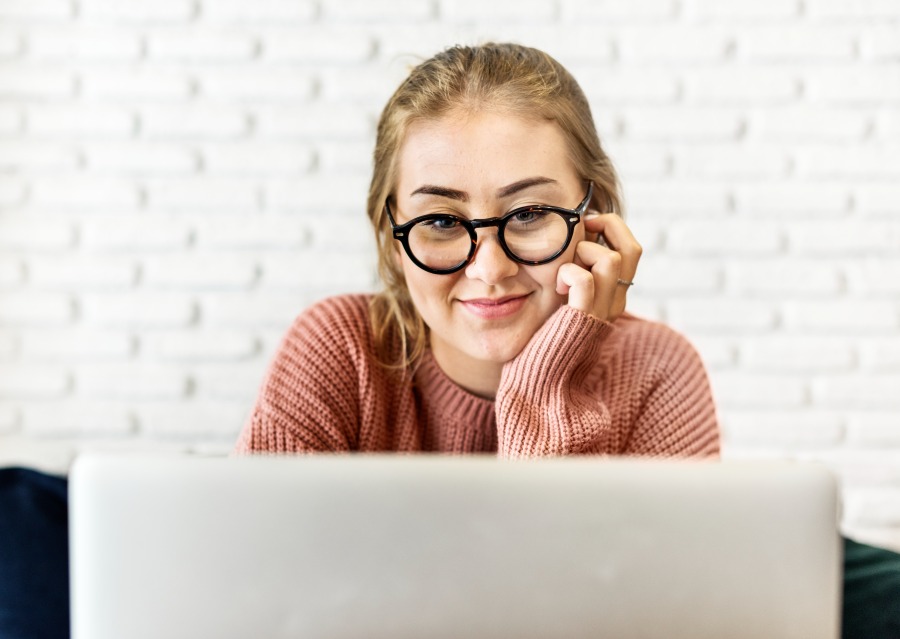 Cheerful Happy Woman Female Watching Laptop Reading Email Interesting