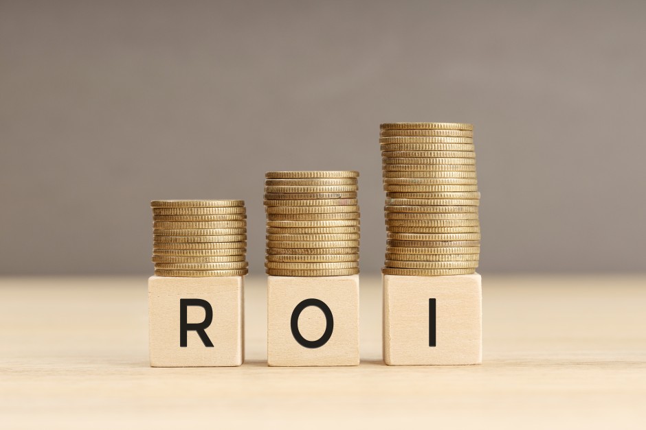 Increase ROI Return on Investment Growth Coins Wooden Blocks