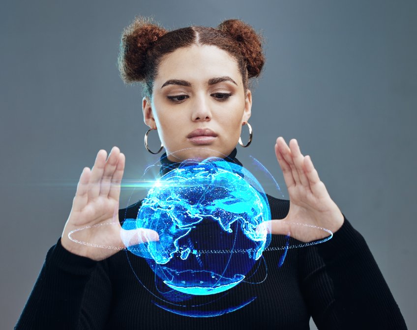 Woman Globe Hologram Growth Marketing Business Technology Innovation International