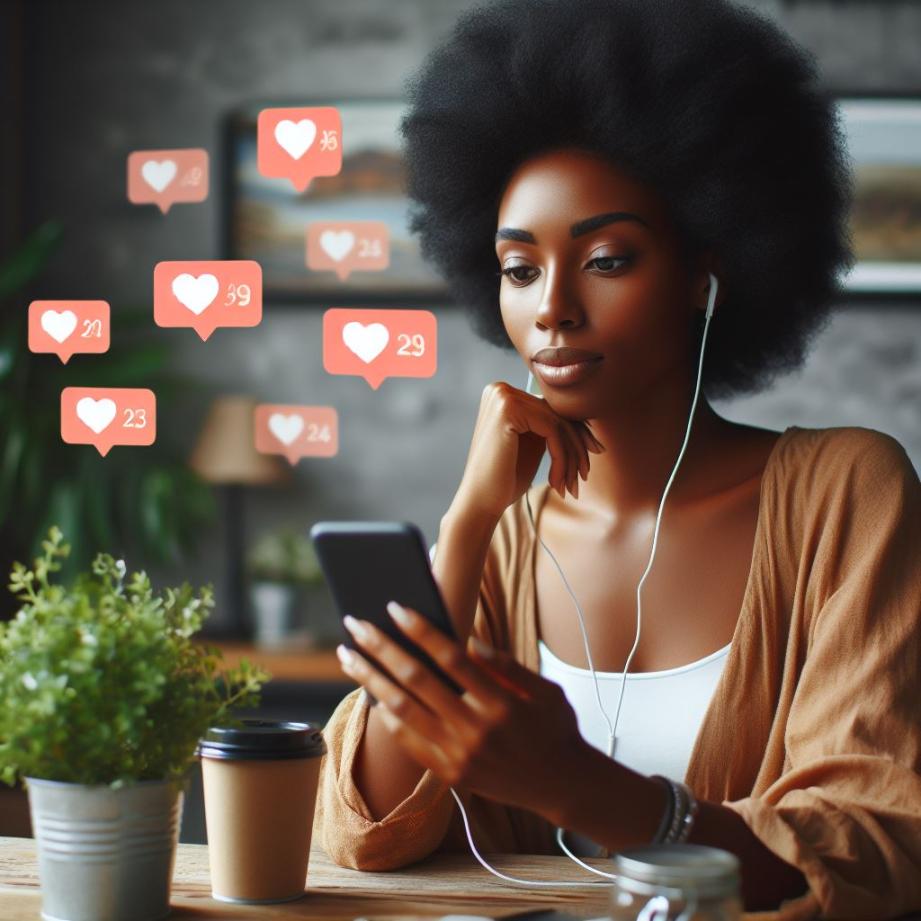 Woman engaging in social media, liking posts and photos