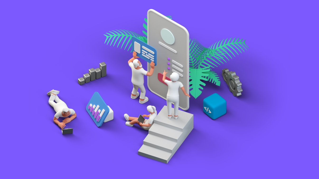 3D model of a UIUX design team working on a mobile application