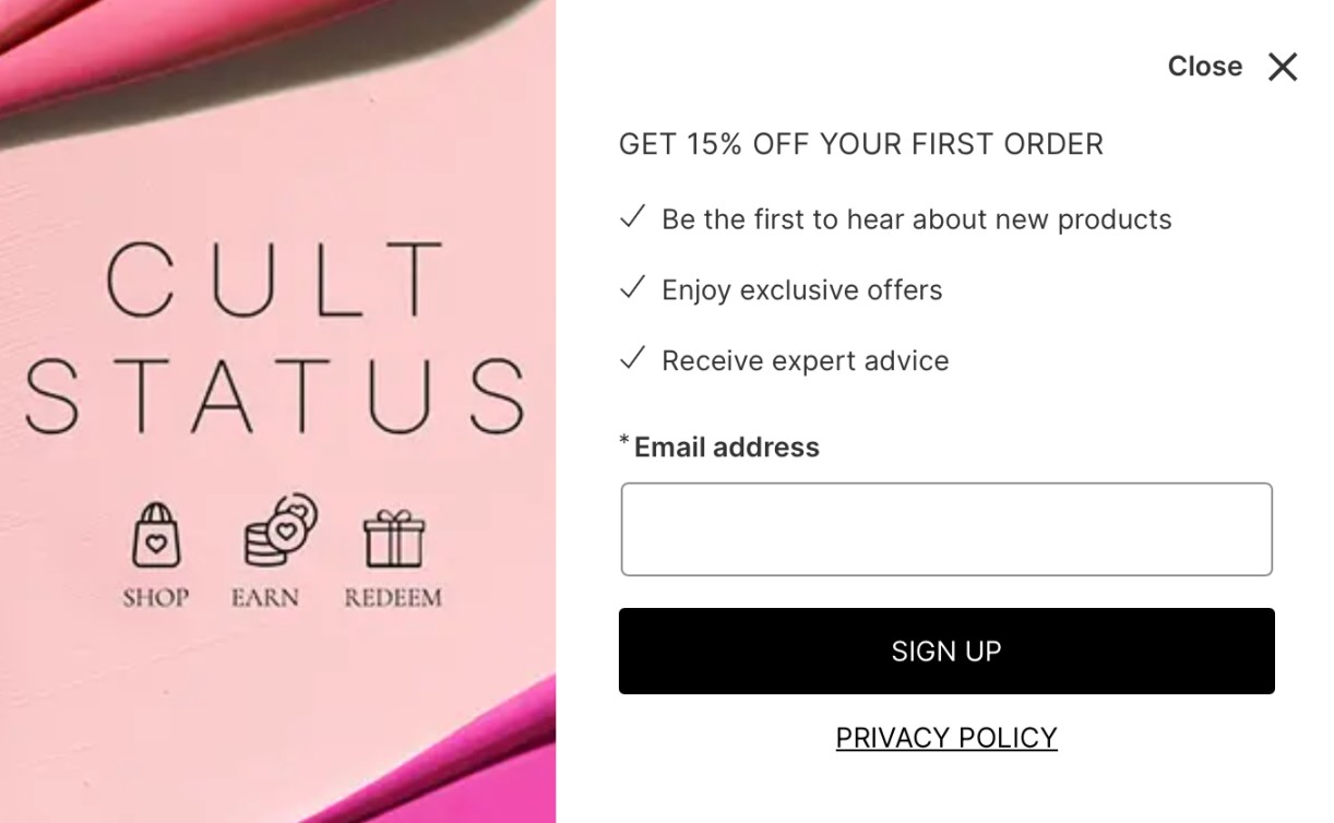 Cult Status Receive Discount Popup Form Sample