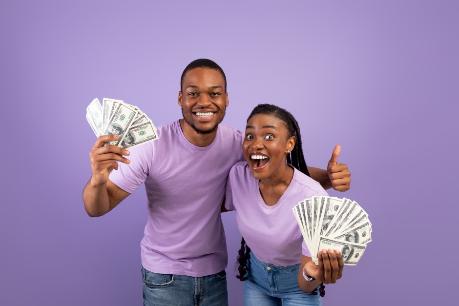 Excited Couple Earn Money African American Couple Purple Success Happy