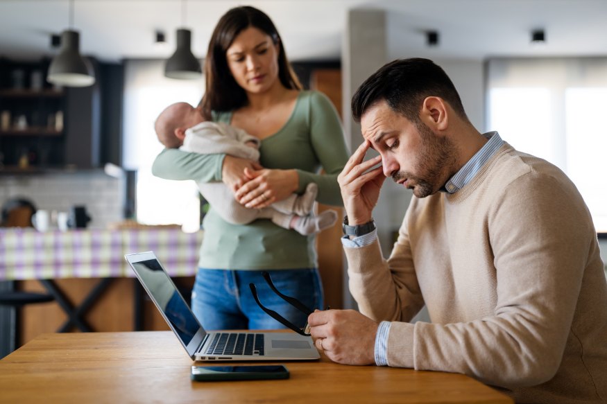 Poor Work Life Balance Father Laptop Home Mother Baby Working