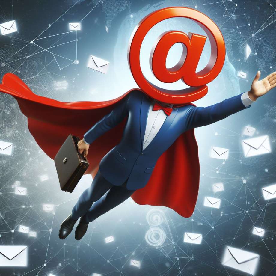 A digital marketing superhero with the email icon as a head