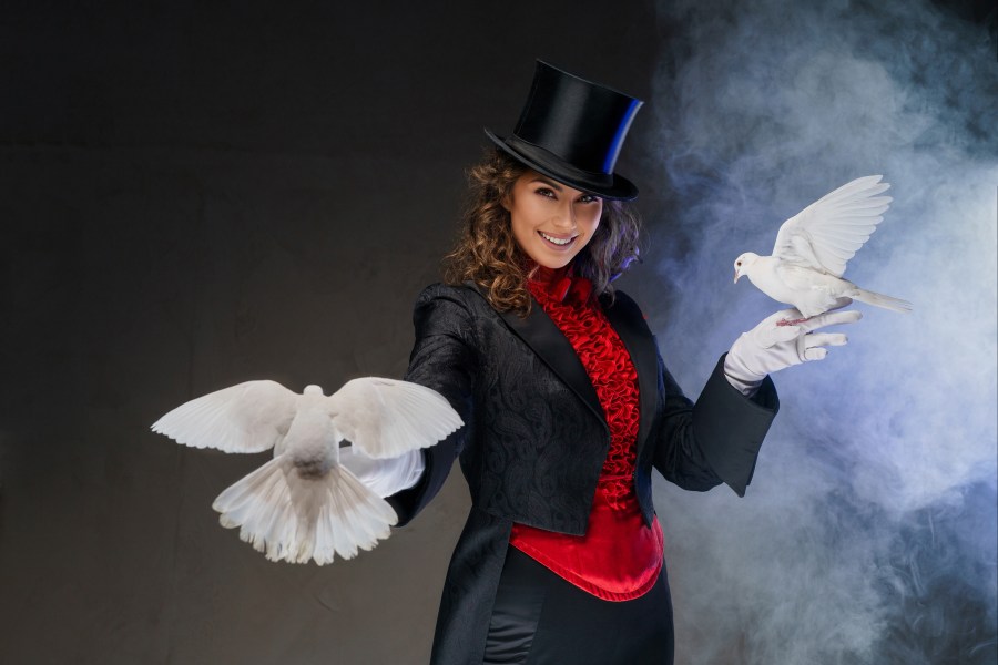 Female Magician Doves Birds Hat Magic Red Black Suit