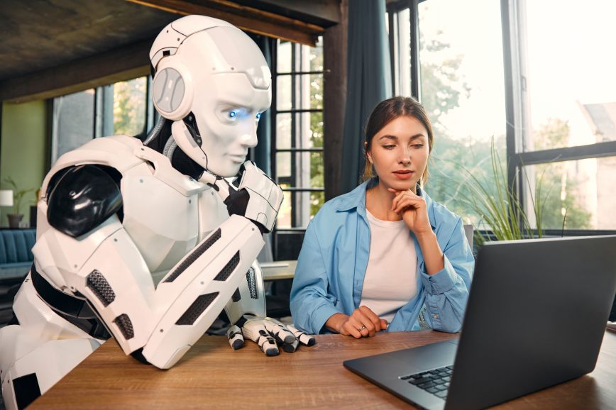 Business Automation Concept Robot Thinking Laptop Woman Robotics Automate