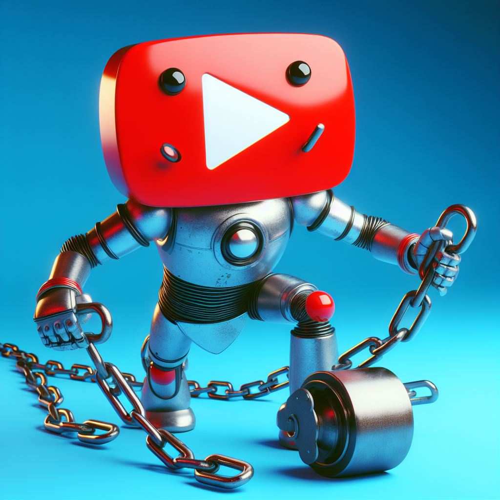 Friendly robot with a head made of the YouTube logo pulling backlinks