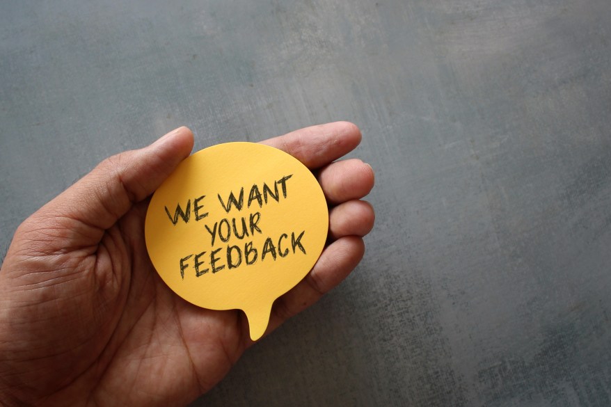 We Want Your Feedback Bubble Speech Post It Hand Sticker