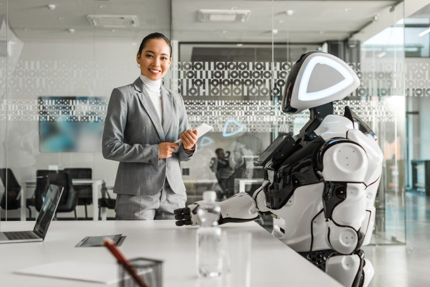 Ai Workforce Management Woman Smiling Robot Leadership Office Desk Business