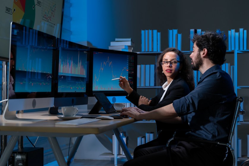 Data Analysis Man Woman Tracking Analyzing Computer Screens Analytics