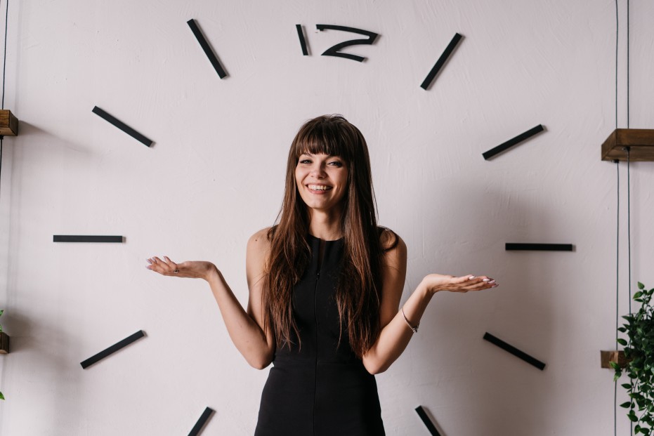 Professional Brunette Young Woman Female Large Clock Time Concept Wall