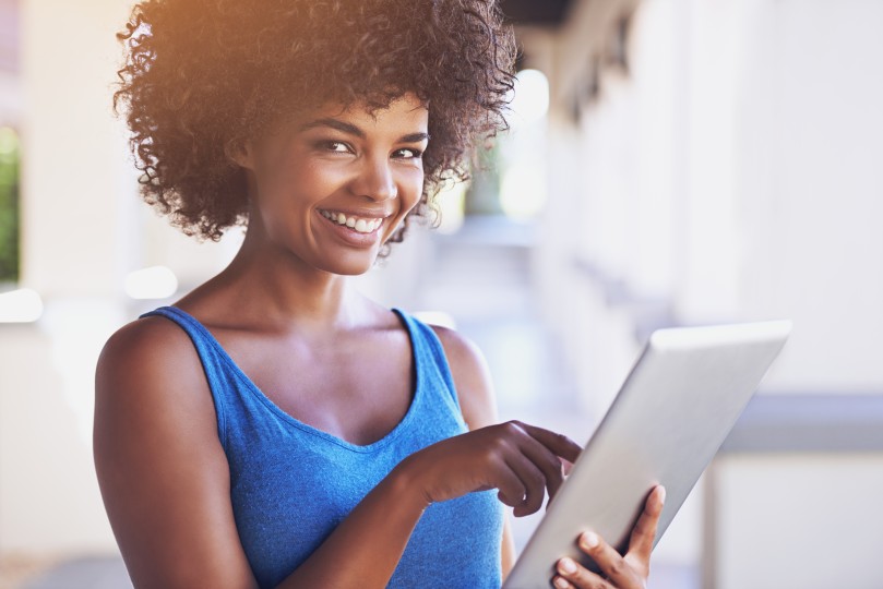 Woman Happy Tablet Sending Personalized Email Business Work