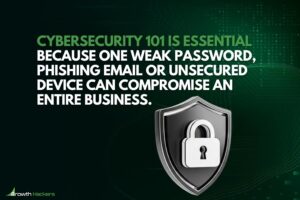 Cybersecurity 101 is essential because one weak password phishing email or unsecured device can compromise an entire business