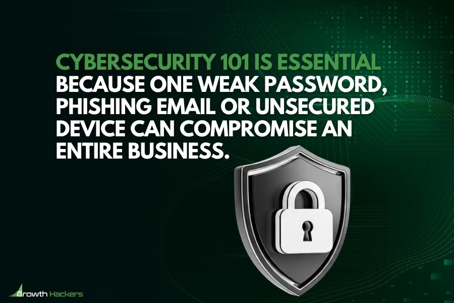 Cybersecurity 101 is essential because one weak password phishing email or unsecured device can compromise an entire business