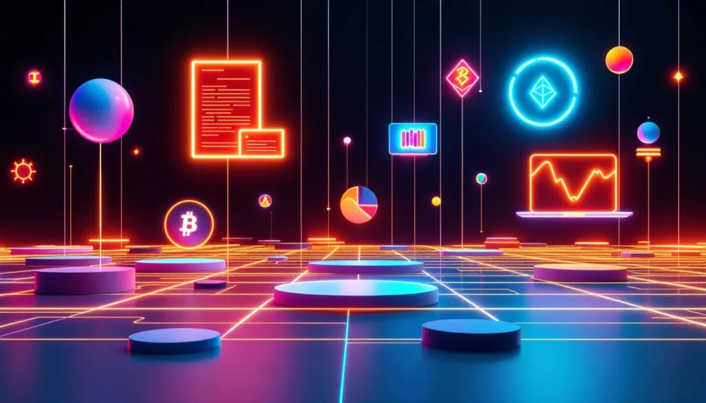 A modern, minimal 3D-rendered visual of a digital ecosystem with abstract floating structures interconnected by thin glowing lines.