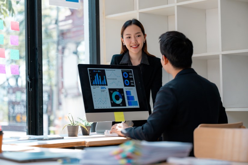 Digital Transformation Concept Asian Businesspeople Office Computer Data