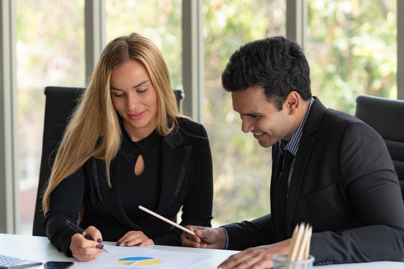 Conduct Comprehensive Due Diligence DD Business Man Woman