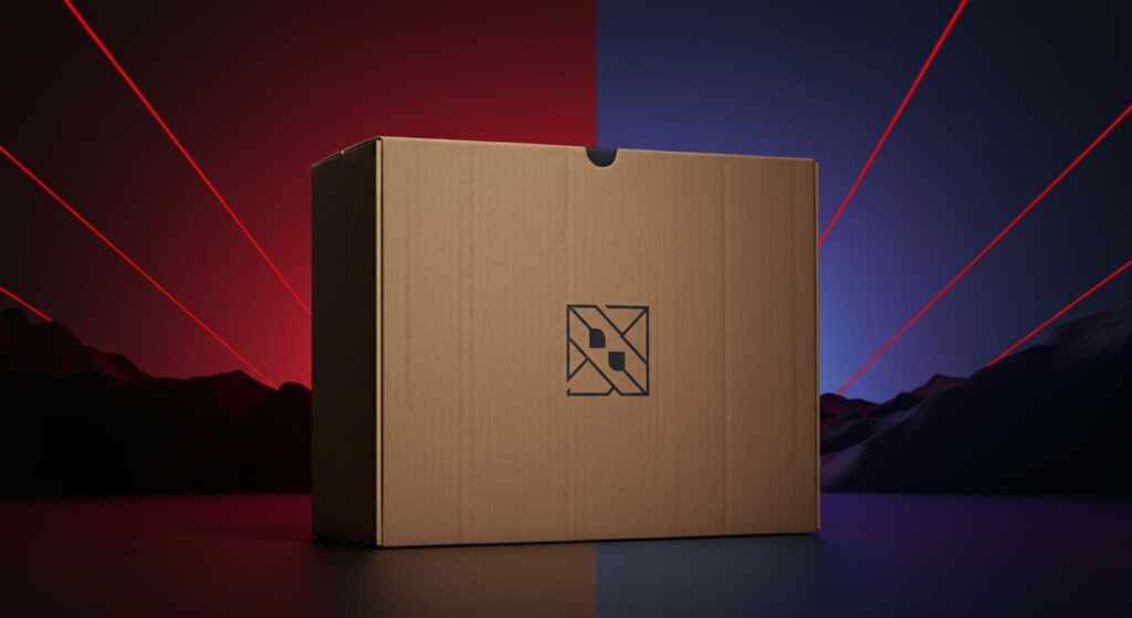 Plain cardboard box with an intricately designed, abstract emblem, minimalist aesthetic, muted earth tones, product packaging concept
