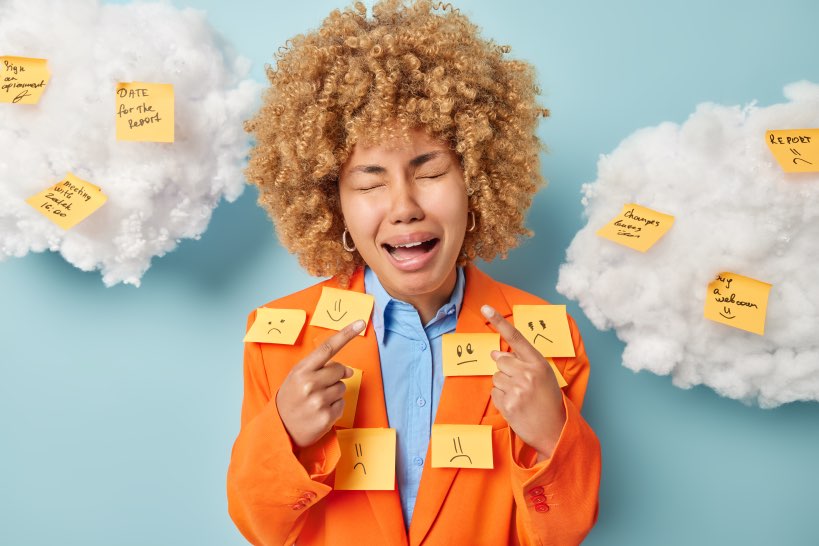 Upset Stressed Anxious Crying Woman Post Its Too Many Emails