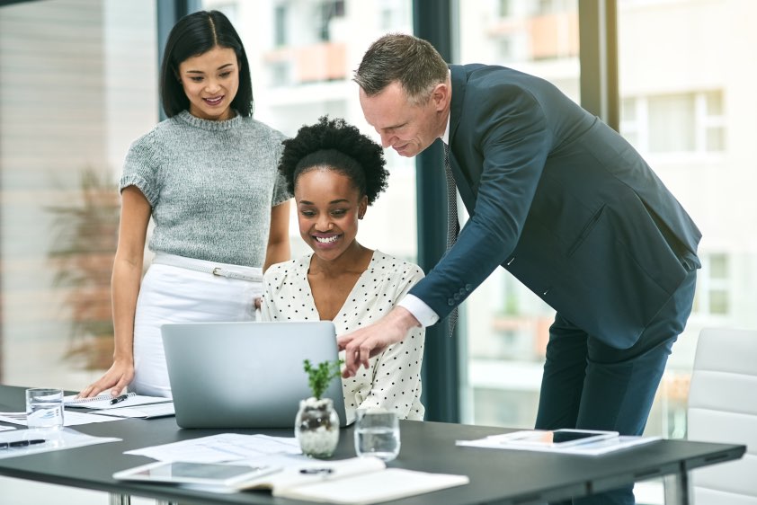 Business People Office Computer Using CRM Customer Relationship Management Software