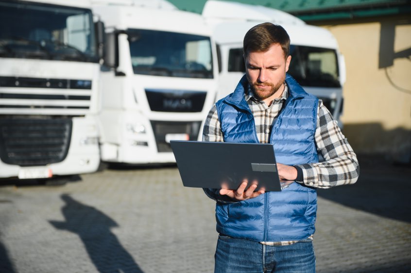 Fleet Telematics Caucasian Man Male Truck Driver Holding Laptop